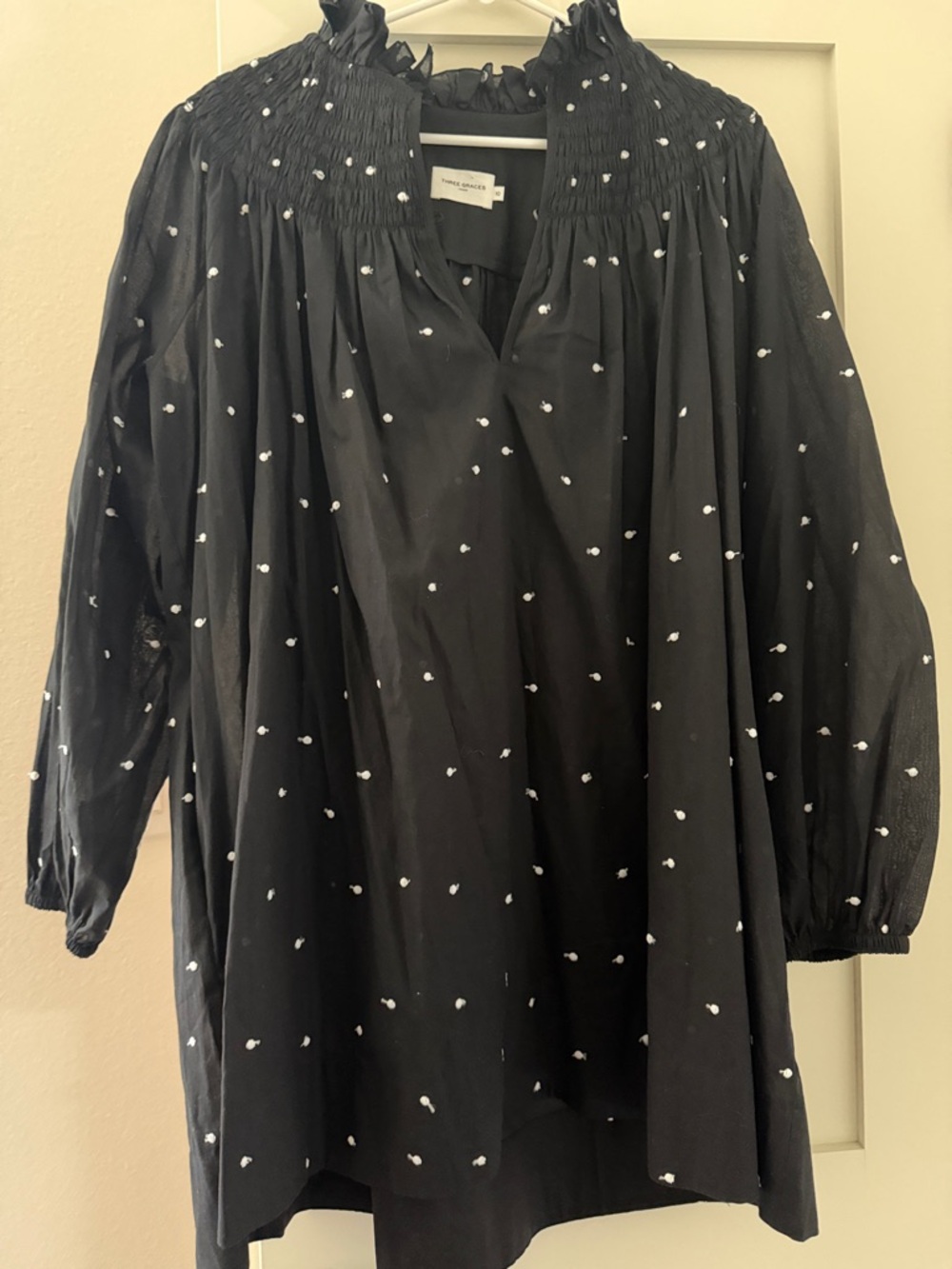 Three Graces London Black Mini Dress with White Dot Embroidery